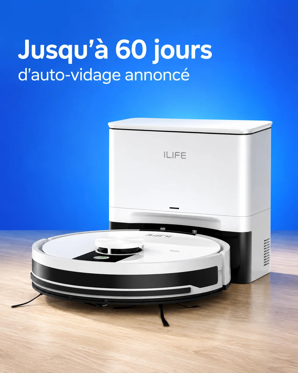 A vertical graphic product photograph in a constructed studio: the exact ILIFE A12 Pro robot and mat