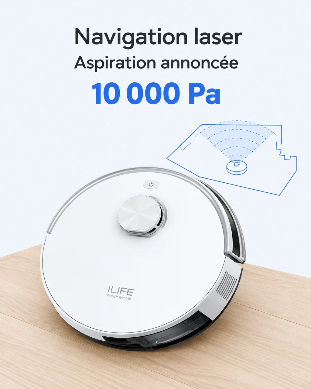 A vertical French feature graphic with the exact white ILIFE V30 robot from reference r03, large in